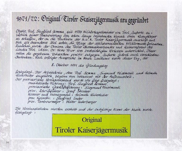 Gründungsprotokoll der Original Tiroler Kaiserjägermusik